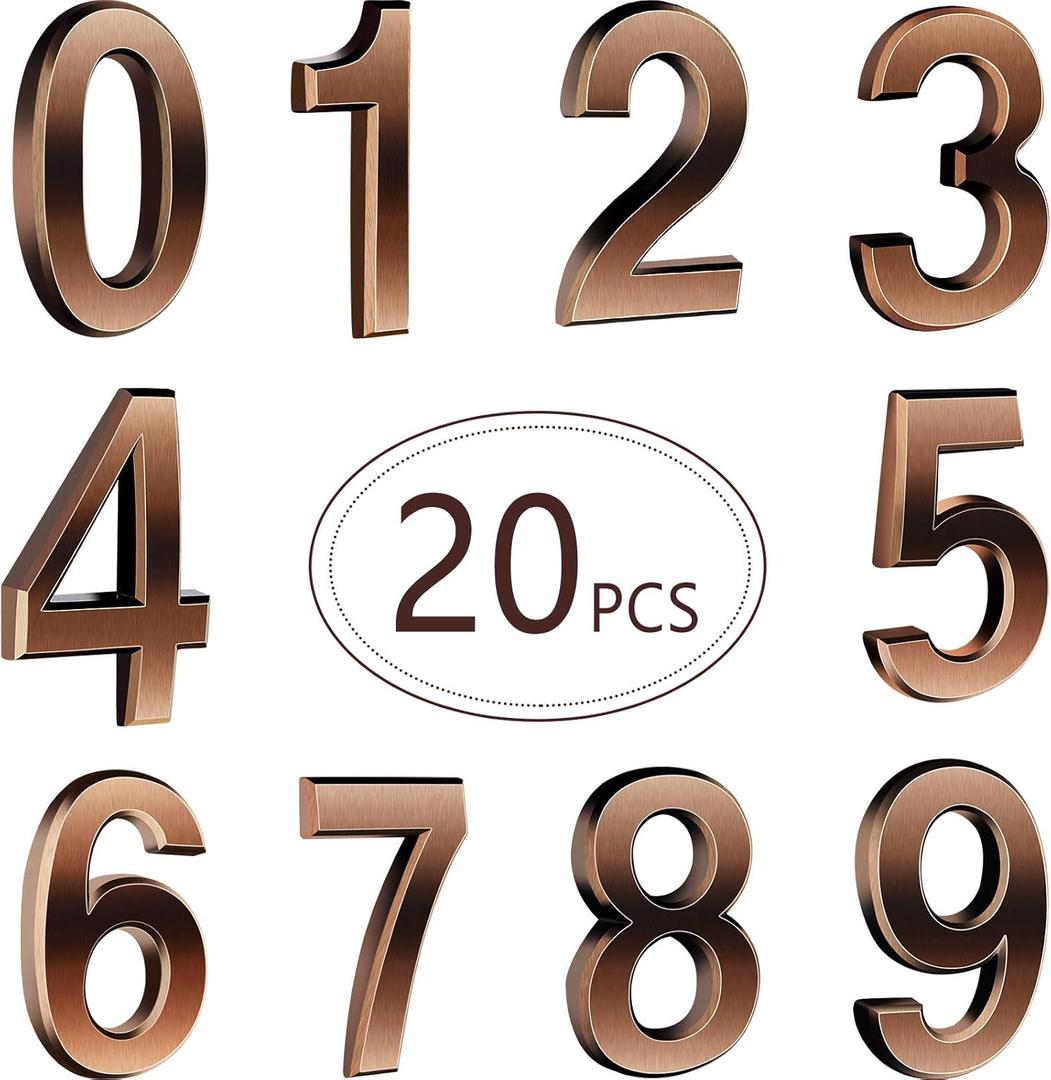 20 Pieces House Numbers Mailbox Numbers 0-9, 3D Door Address Numbers Self Adhesive Mailbox Numbers Sticker or House, Apartment, Office, Hotel Room, Mailbox Signs (Bronze,3 Inch)