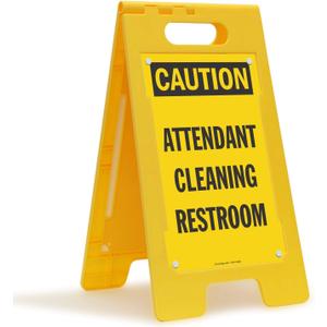 SmartSign 25 x 12 inch Caution - Attendant Cleaning Restroom Two-Sided Folding Floor Sign with Falling Symbol, Portable and Lightweight A-Frame, Easy Grip Handle, Plastic, Black and Yellow