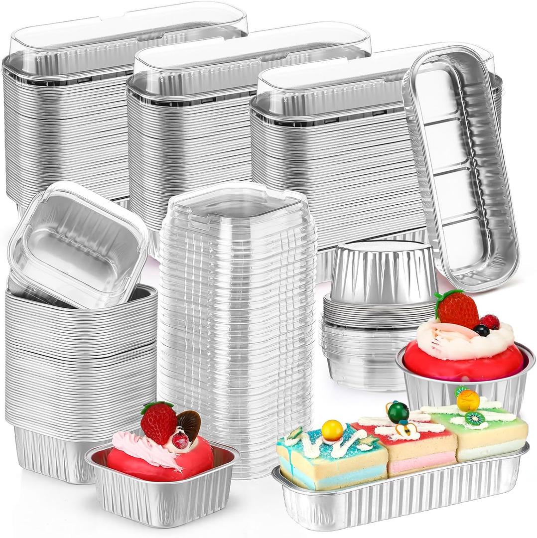 Rtteri 150 Pcs Mini Cake Pans with Lids Disposable Ramekins 6.8 oz 5 oz Aluminum Foil Cupcake Baking Cups, Rectangle Square Round Cupcake Liners Cake Tins for Flan Muffin Dessert Party Favors(White)