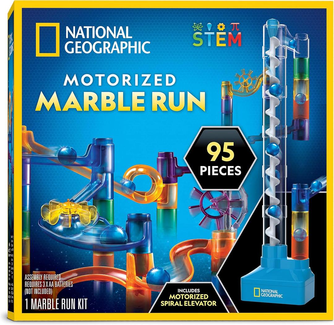 National Geographic Marble Run with Motorized Elevator  95Piece Marble Maze Kit with Motorized Spiral Lift, 20 Marbles, Perpetual Motion Machine, STEM Gifts for Boys and Girls, Kids Physics Toys