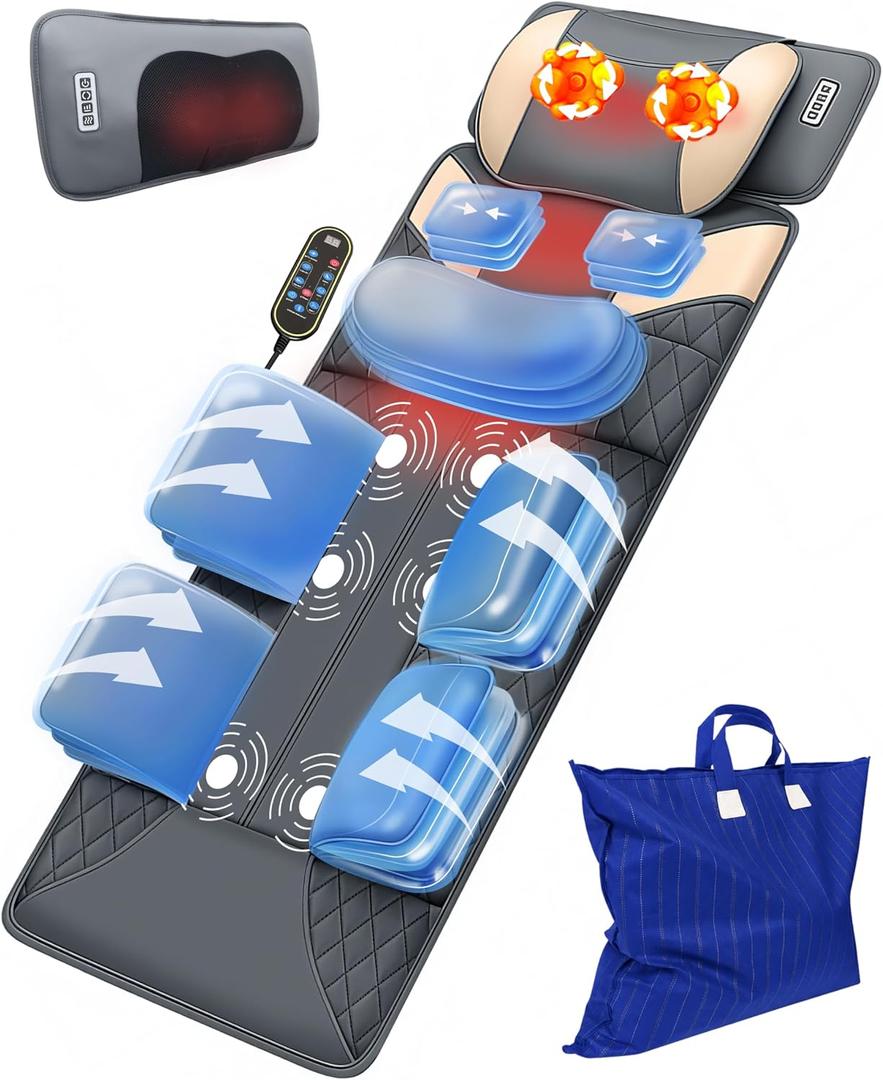 Full Body Massage Mat with Heat, 3D Body Stretching & Adjustable Lumbar Traction, Detachable Neck Shiatsu Roller, Airbag Compression, Vibration Massage Pad for Daily Relaxation