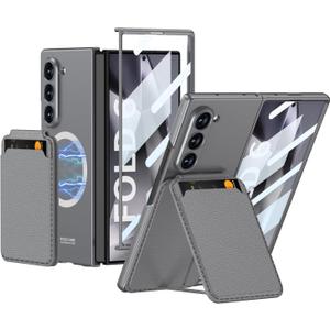 SHIEID Galaxy Z Fold 6 Case with Card Holder, [MagSafe Compatible] Front Screen Protector, Wallet Case Stand Cover for Samsung Z Fold 6 Phone Case, Gray
