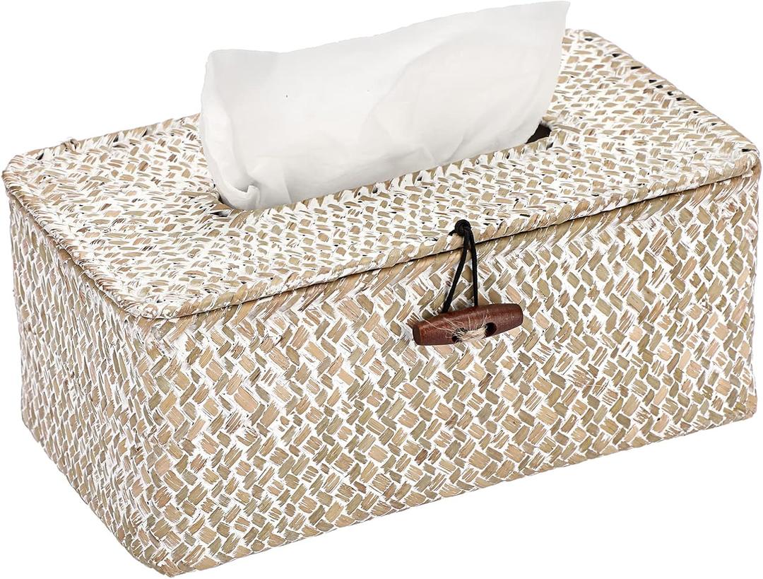 Sumnacon Rectangle Natural Seagrass Tissue Box Cover,Woven Tissue Box with Bottom,Farmhouse Tissue Box Holder for Living Room Bathroom Vanity Toilet Table Desk Countertop Office Car,Whitewash (Medium)