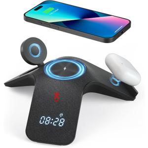 YLF 5-in-1 Wireless Charger station - Fast Charging Wireless Charging Stand with Adapter,Samsung Wireless Charger with 7-Color LED and Bluetooth Clock for iPhone 15/15 Pro/14/13/12,Apple Watch,AirPods