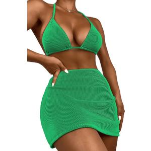 SweatyRocks Women's 3 Piece Zebra Striped Bikini Swimsuit Set & Beach Skirt Set Bathing Suit (Large, Plain Green)