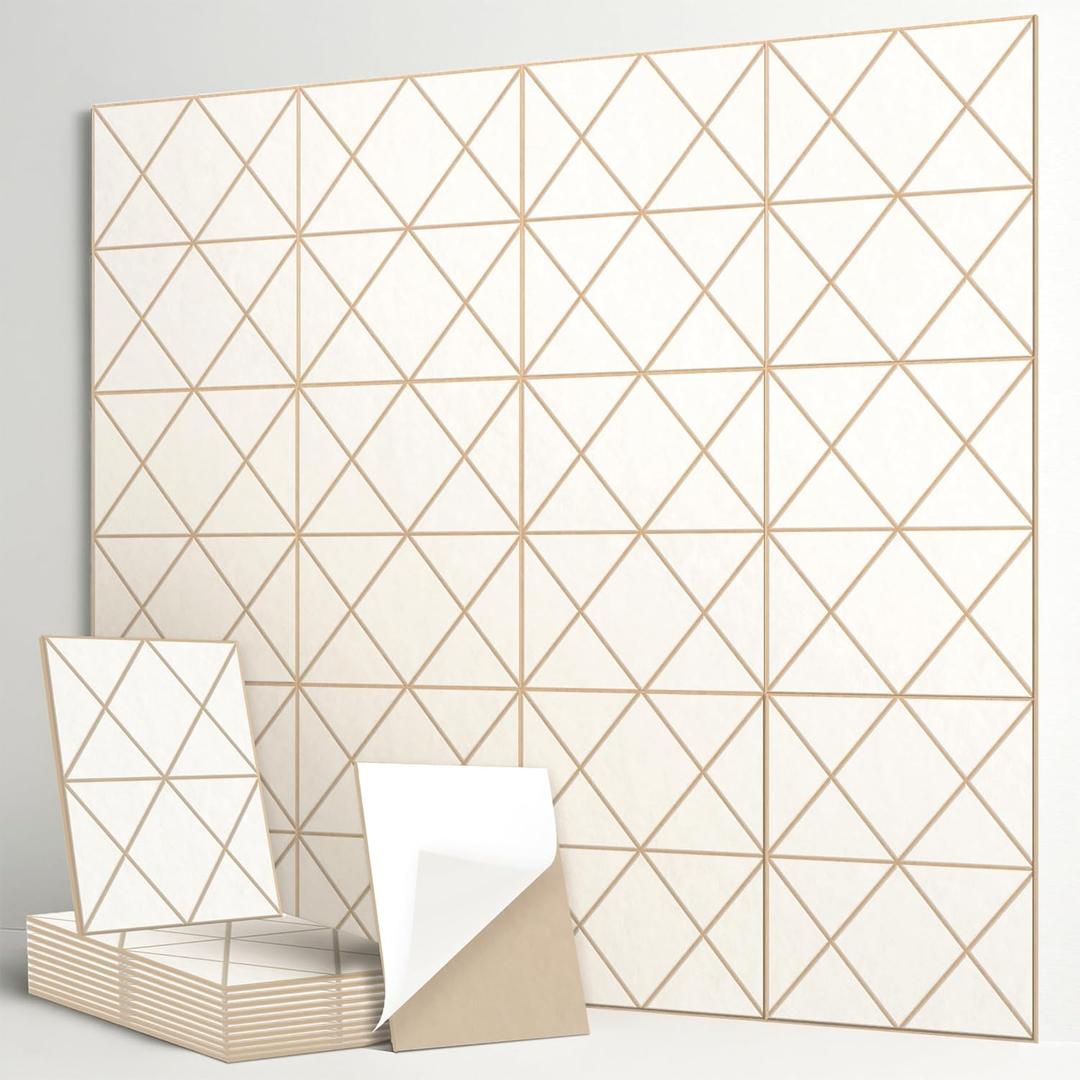 12-Pack Acoustic Panels, 16"x12"x0.4" Large Acoustic Wall Panels, Self-Adhesive Sound Absorbing Panels for Recording Studios & Offices, White+Camel Decorative Acoustic Panels (Diamond Grid Design)
