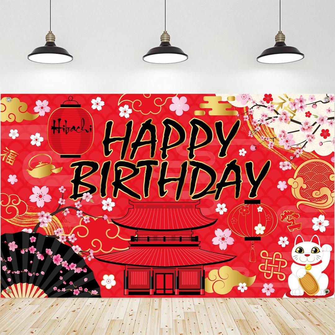 Hibachi Party Decoration Supplies - Hibachi Happy Birthday Backdrop, Japanese Photography Background for Japanese Chinese Decorations (71 * 47inches)