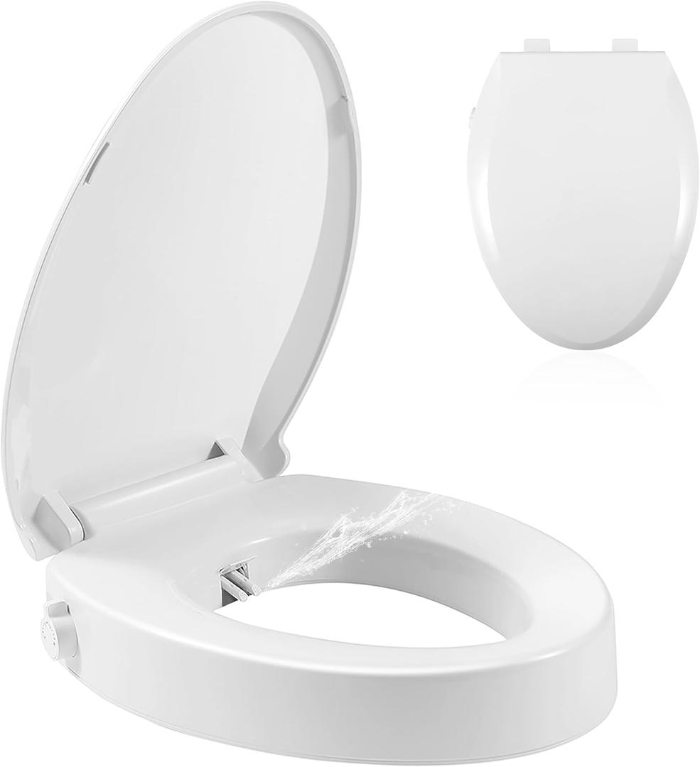 Bidet Toilet Seat Elongated, Raised Toilet Seat with Bidet Adjustable Water Pressure with Dual Nozzles, Non-Electric Bidet Toilet Seat Risers for Seniors (Ambient Water), White
