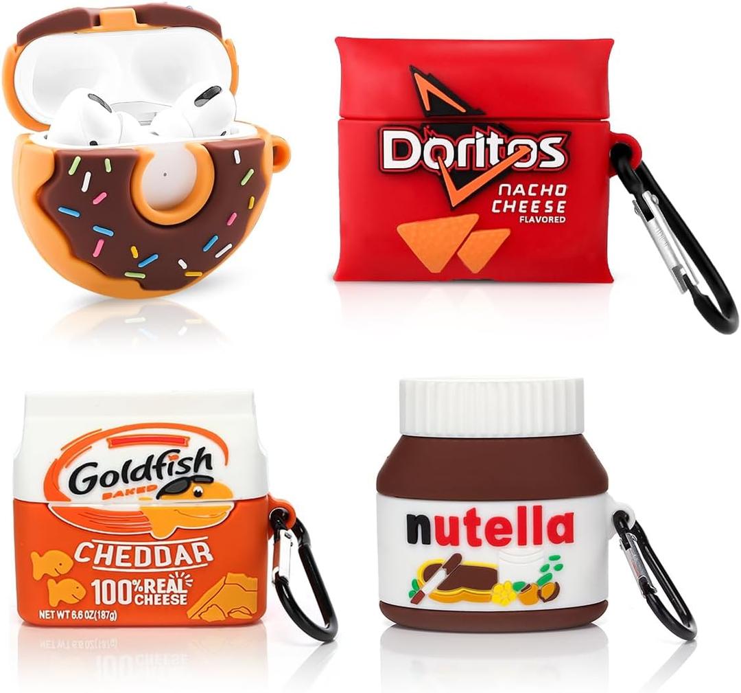 (4Pack) Case for AirPods Pro 2nd/1st Generation (2022/2019) with Carabiner, XMBYGY Cute Skin Design Silicone Cartoon Charging Case Protective Covers for Teen Boys Girls (DOR+GOD+Dounts+Nutella)