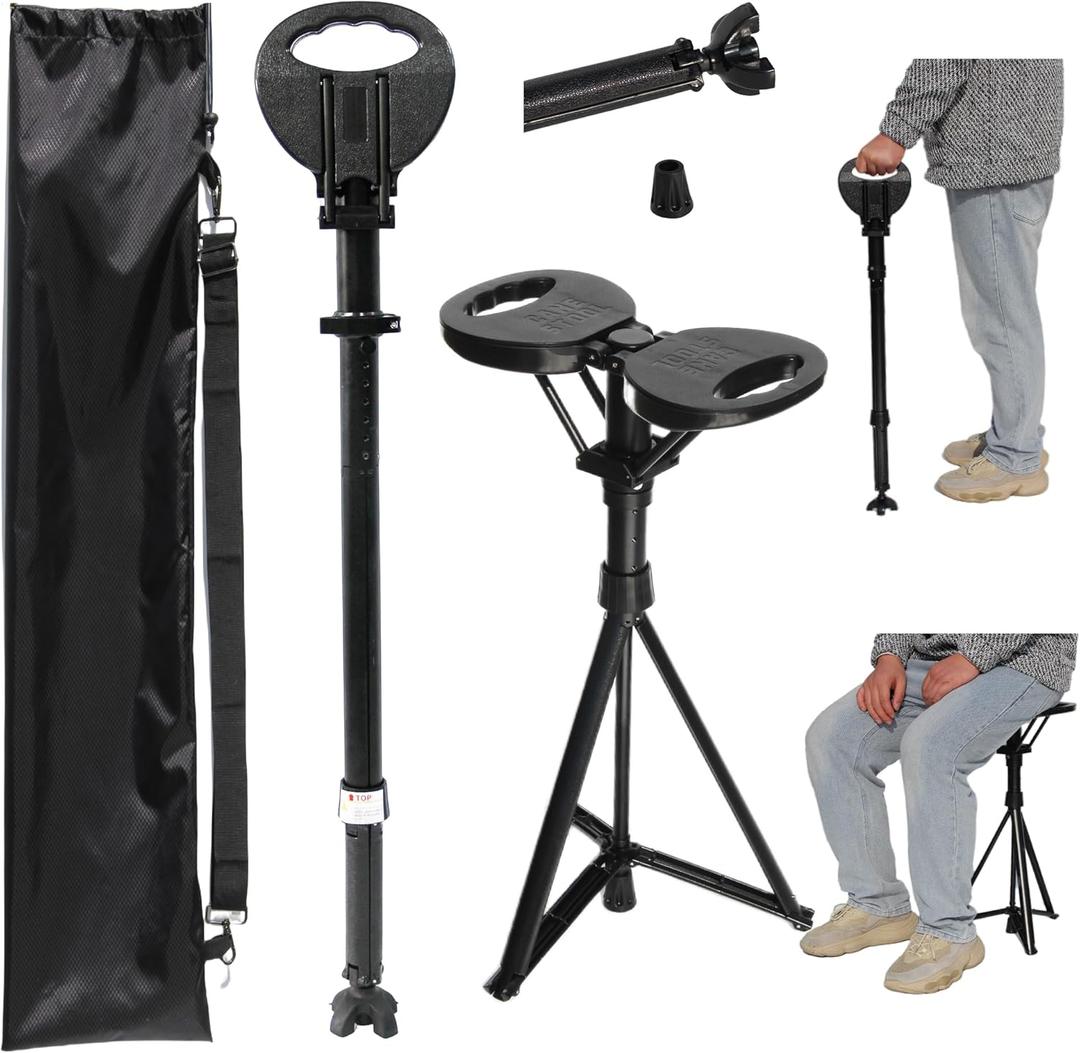 Folding Cane with Seat,Walking Stick with Seat Capacity 550lbs,Lightweight Retractable Cane Stool for Seniors & Adults,Adjustable Cane Chair with Cushion and Carry Bag (Black)