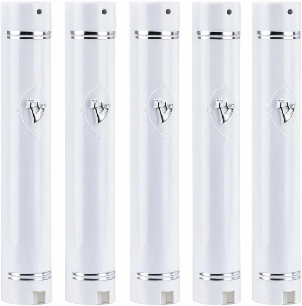 SUPER STAM Plastic Mezuzah Case Holder  Semiround Design with Silver Accent  Self-Stick Adhesive Back  Waterproof Rubber Cork  5 Pack (WHITE SILVER, #15 for 15 cm scroll)