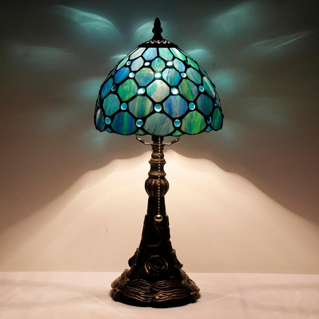 Small Tiffany Lamp Mini Stained Glass Desk Lamp Sea Blue Pearl Style Vintage Table Lamp Tiffany Style Night Light 8x17.5 Inch