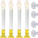 4 Pack Christmas Battery Operated Window Candles with Timer (6-18H), Wireless Window Candle Light with Gold Candlestick Base, C26 LED Bulb Candle Lamp for Home Party Christmas Decor, 4 Suction Cups