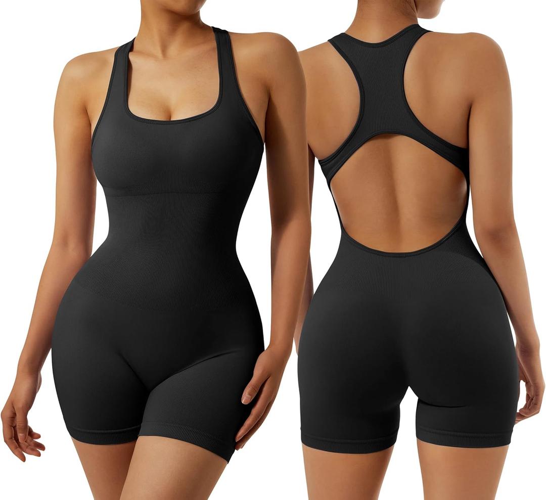 RXRXCOCO Women's Sexy Sleeveless Yoga Jumpsuits Shorts Bodysuit One Piece Deep Scoop Neck Backless Bodycon Jumpsuits (Medium, #003 Black)