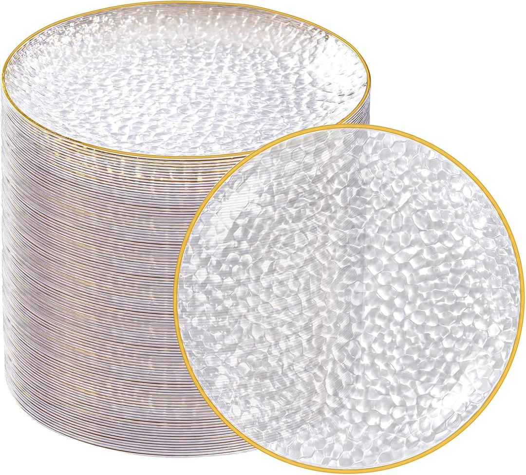Rubtlamp 100 Pack Clear Gold Plastic Dessert Plates, 6Inch Clear Gold Small Appetizer Plates With Hammered, Heavy Duty Disposable Salad Plate, Elegant Cake Platos for Wedding, Birthday, Teatime