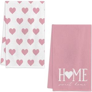 Valentines Day Kitchen Towels Set of 2, Pink Heart Love Dish Towels 18x26 Inch Drying Dishcloth,Valentine Day Decorations Farmhouse Home Daily Seasonal Decoration