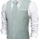 DiBanGu Mens Linen Suit Vest Casual Waistcoat and Necktie & Pre-tied Bowtie Set 6PCS Solid Color Dress Vest for Wedding Party (Blue), Size XXL