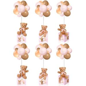 Lenwen 6 Sets Pink Bear Decorations for Baby Shower, Baby Letter Boxes Baby Shower Table Centerpieces Bear Stuffed Animals Balloon with Stand Bear Plush Toy Baby Boxes for Birthday Party Wedding