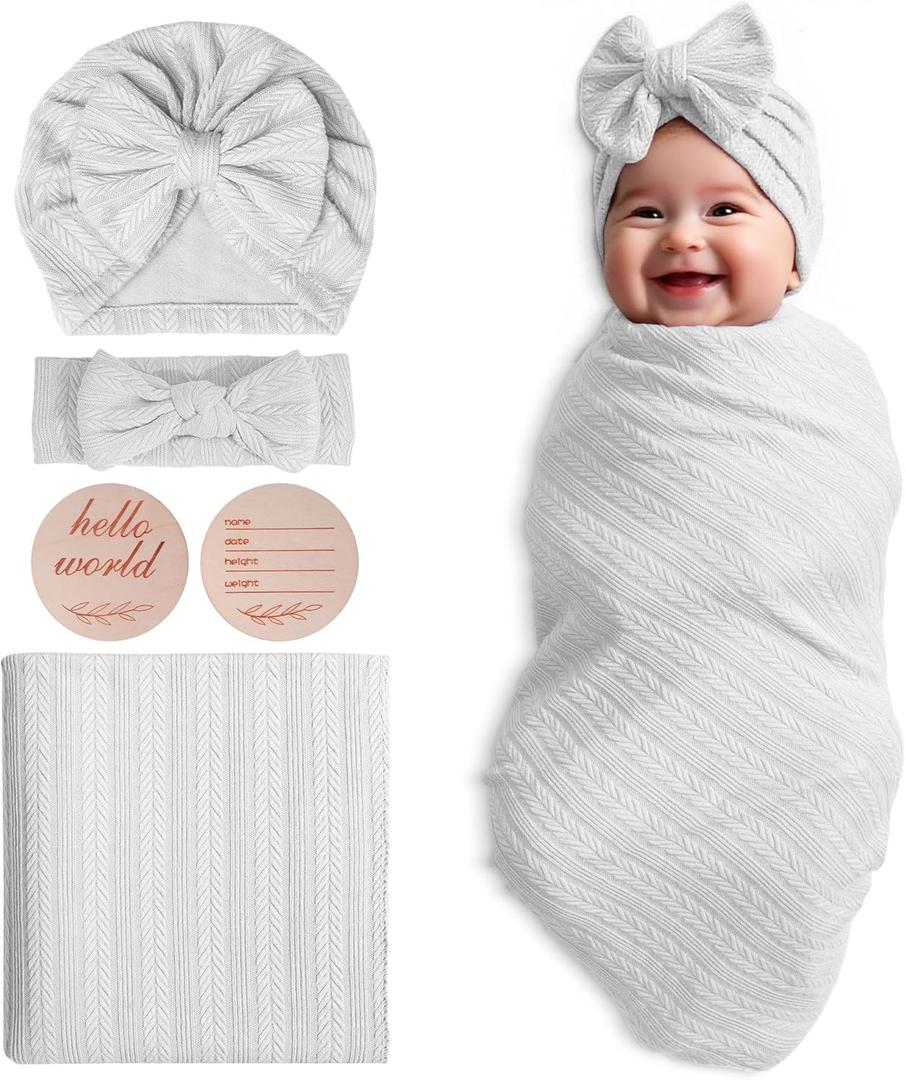 Muslin Blanket,Baby Swaddle Set Newborn - Receiving Headband Blankets and Bow Hat,Newborn Essentials, Soft Nursery Swaddling BlanketsStretchy Baby Blankets for Girls and Boys Unisex(White)