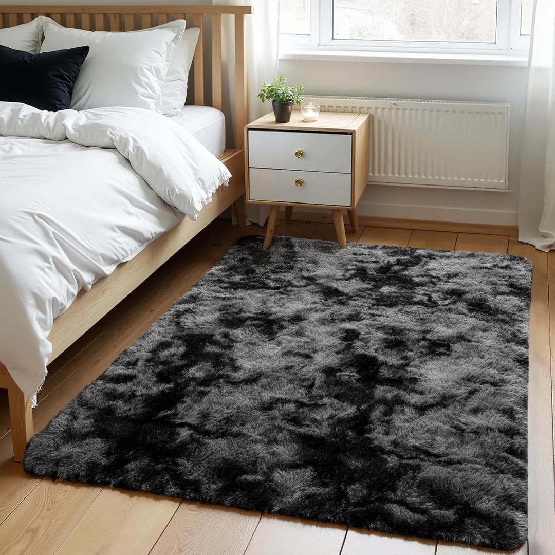 Zentavio Area Rugs for Living Room Small Carpet for Bedroom 3x5 Bedside Washable Soft Fluffy Shag Aesthetic Plush High Pile Throw Rug for Nursery Kids Room Dorm Room Tie-Dyed Black Grey