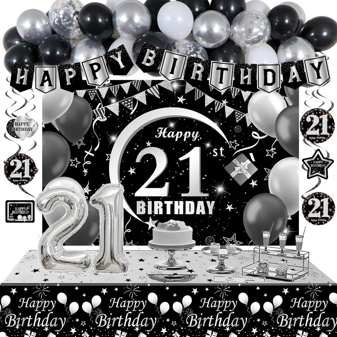 21st Birthday Decorations for Him Her, Black Silver 21 Birthday Decorations for Men with Happy 21st Bday Balloons Banner Backdrop Table Cloth and 21 Balloon Numbers, Twenty One Year Old Party Supplies