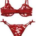 Sexy Underwire Cute Push Up Strappy Embroidered Mesh Sheer Lingerie Set See Through Panty Bra (Medium)