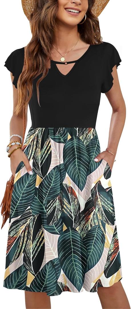 WNEEDU Summer Dresses for Women 2025 Ruffle Sleeve Casual Sundress Swing Elastic Waist Dress with Pockets (X-Large, 03 Leaf Print)