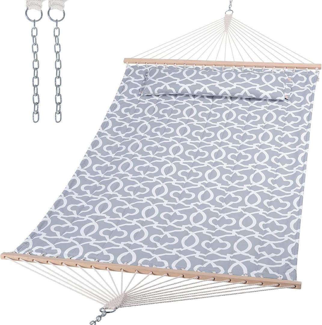 SUNCREAT Double Quilted Hammock with Hardwood Spreader Bar, Extra Large Soft Pillow, Heavy Duty 2 Person Hammock for Indoor, Outdoor, Grey Pattern,  Maximum Weight 475 pounds