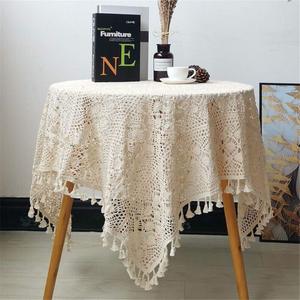 Vintage Crochet Tablecloths Lace Doilies Cotton Beige Square Tablecloths Table Cover Table Topper Wedding Home Party Decoration (65x65 Inch)