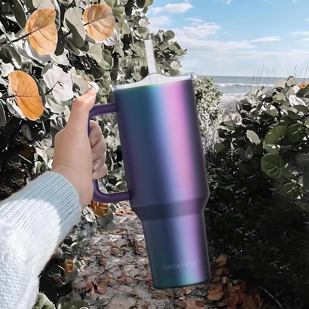40 oz Tumbler with Handle and Straw Lid Insulated Tumblers Cups with Lids Straws Double Wall Vacuum Leak Proof Stainless Steel 40oz Tumbler Travel Mug Gifts for Men Women Him Her (Aurora)