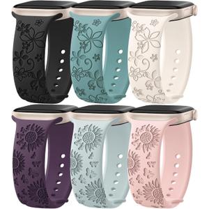 6 Pack Floral Engraved Silicone Bands Compatible for Apple Watch Band 38mm 40mm 41mm 42mm 44mm 45mm 46mm 49mm Women,Flower Sport Straps for iWatch Series 10 9 8 se Ultra 7 6 5 4 3 2