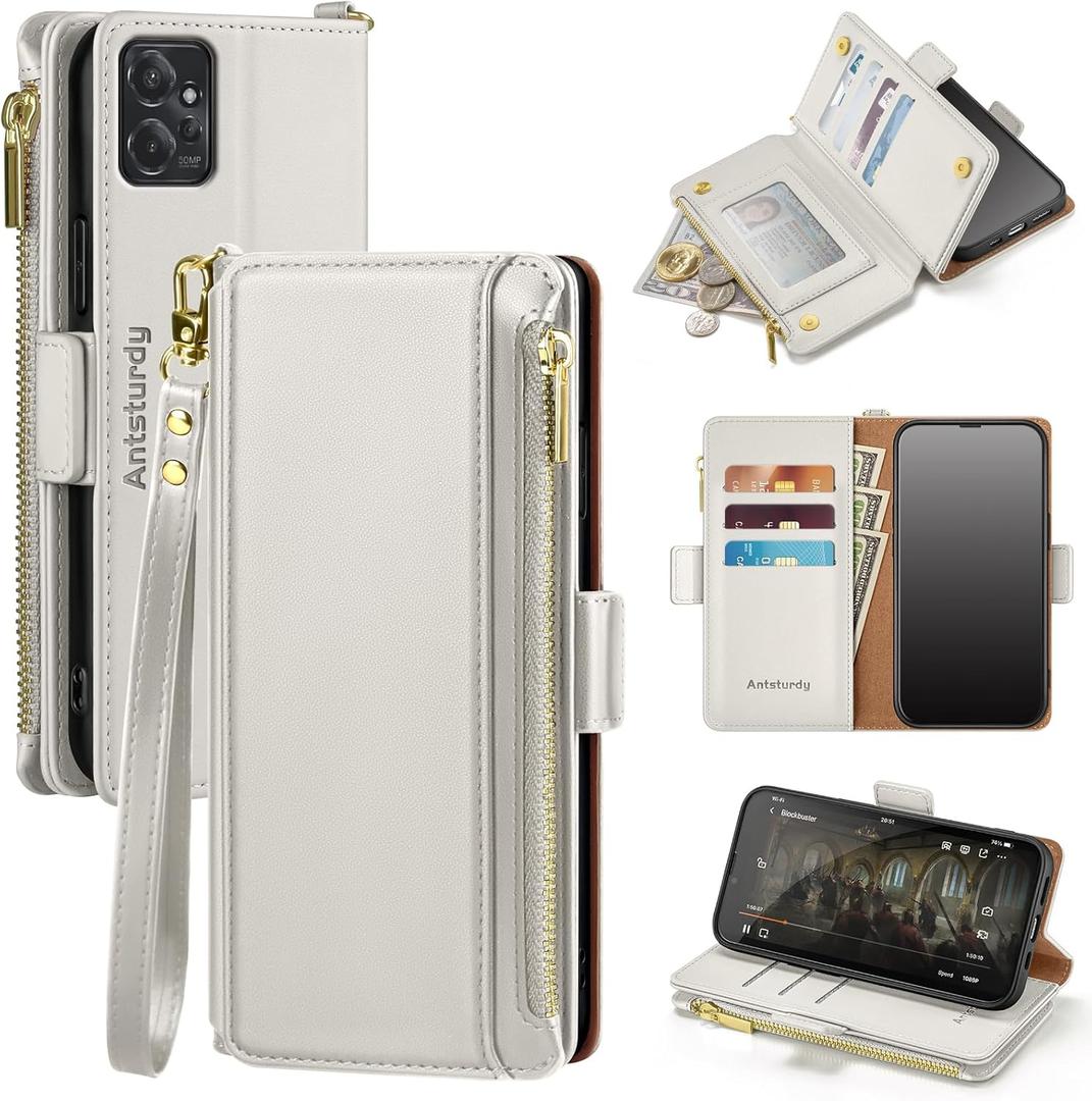 Antsturdy Compatible with Motorola Moto G Power 5G 2023 Wallet Case with Card Holder,Women Men PU Leather Flip Protective Phone Case RFID Blocking Stand Wrist Strap Zipper Credit Card Slots,Beige