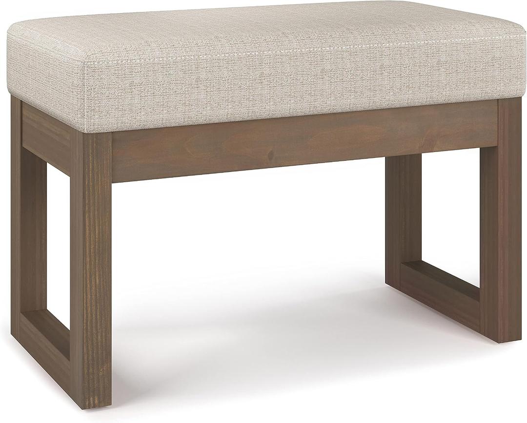 SIMPLIHOME Milltown Small Ottoman Bench - 27" Wide x 18" High Upholstered Tweed Look Fabric Rectangle Footstool Ottoman in Platinum, Contemporary Bench for Entryway with Cushioned Seat, Assembled, 14.4"D x 26.8"W x 18.4"H