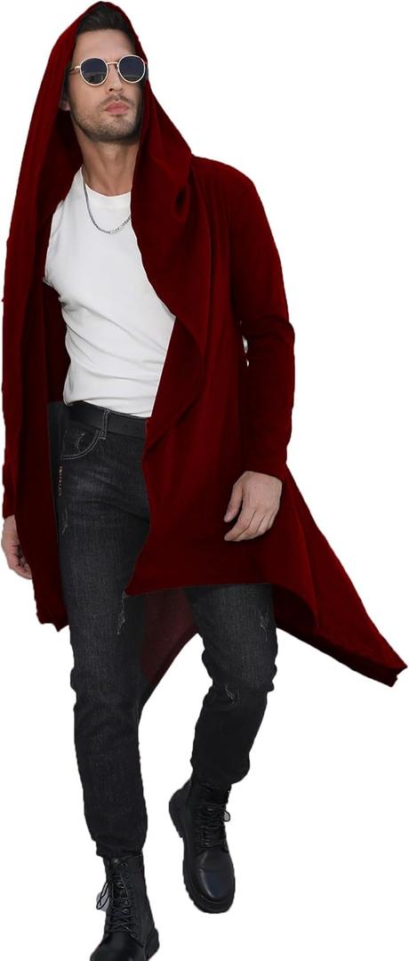 RAGEMALL Mens Ruffle Shawl Collar Cardigans Long Hooded Cardigan Open Front Lightweight Drape Cape Sweater with Pockets (Large, Wine Red)