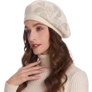ZLYC Womens French Beret Hat Reversible Knitted Thickened Warm Cap for Ladies Girls (One Size, Paisley White)
