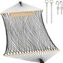 JoyView Traditional Rope Double Hammock - Hand Woven Cotton Hammock with Hardwood Spreader Bar and Pillow 450lb Capacity for Outdoor Indoor Patio Yard - Black