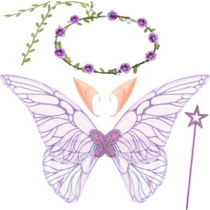 Sratte 4 Pcs Fairy Butterfly Wings for Girls Kids Princess Floral Crown Star Wand Ears Halloween Dress up Costume Accessories (Purple)