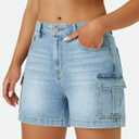 AUWUKA Womens Cargo Jean Shorts High Waisted Microelastic Straight Leg Long Denim Mom Shorts (Blue)