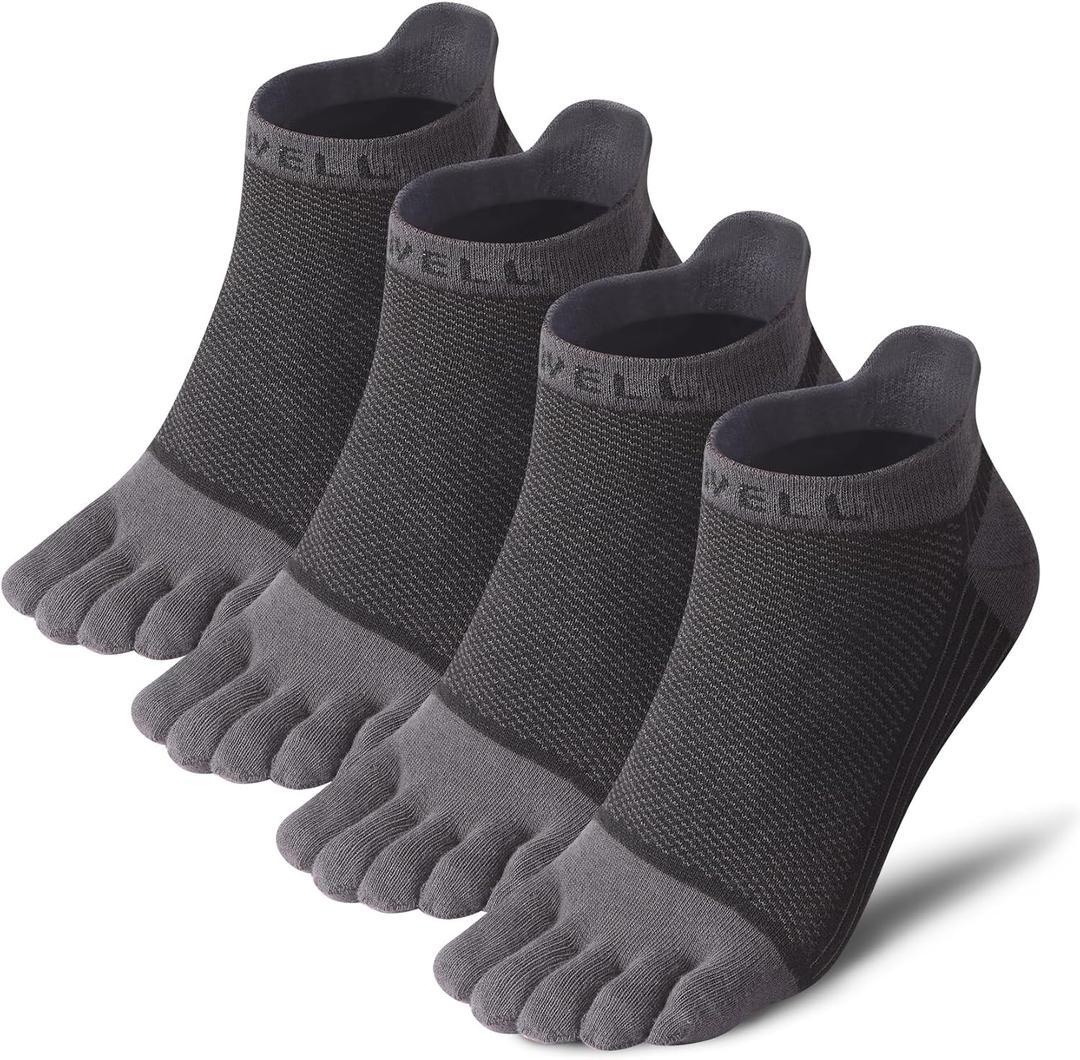 VWELL Cotton Toe Socks Five Finger Socks No Show Crew Athletic Running Socks 4 Pairs,Size 7-11 (Blackgrey)