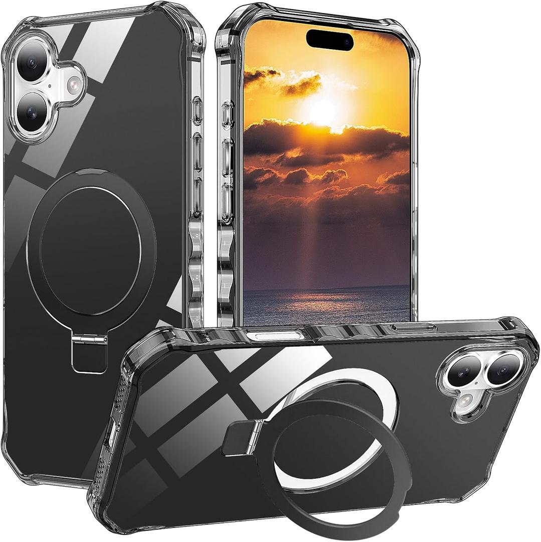 STERKER Compatible with iPhone 16 Plus case with Stand Magnetic Ring Holder [Compatible with MagSafe][Military-Grade Drop Protection] Slim Back Cover with Good Grip Curly Wave Edge, Black