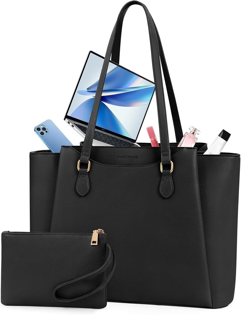 RAINSMORE Laptop Bag for Women 15.6 Inch Work Tote Bag - Waterproof Faux Leather Computer Briefcase Large Office Handbag with Small Clutch Purse for Daily Commute, College, Black