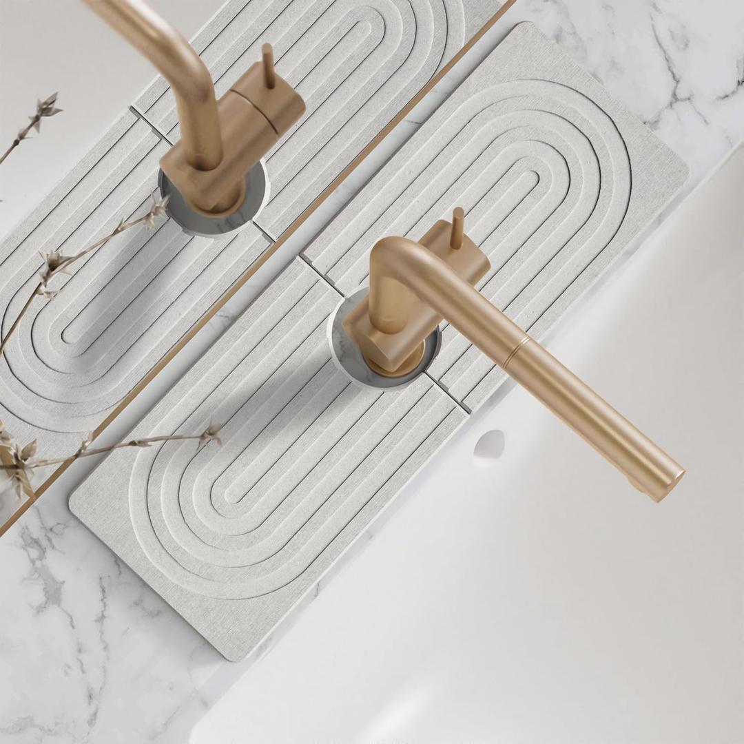 Faucet Mat for Kitchen Sink - Wider Diatomite Fast Drying Stone Sink Tray, Super Absorbent, Prevents Moisture Buildup - Faucet Splash Guard for Bathroom Counter (Light Grey, 15x5.3inch)