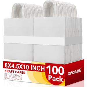 XPCARE 100Pack White Paper Bags 8x4.5x10 Inch, Plain Medium Paper Bags with Handles Bulk, Kraft Paper Gift, Retail, Party, Shopping Bag, Favor Bag, Whit