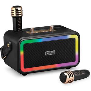 iLive Bluetooth Karaoke Machine with 2 Wireless Microphones & LED Lights, Black