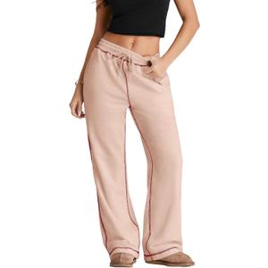 Herseas High Waisted Sweatpants for Women 2025 Fall Wide Leg Contrast Stitching Drawstring Loose Lounge Jogging Pants (L)