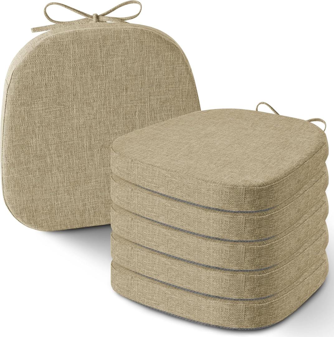 AddGrace Set of 6 Chair Cushions for Metal Dining Chairs 14x14 Chair Pads with Ties Non Slip Thick Seat Cushions with Textured and Removable Cover Beige