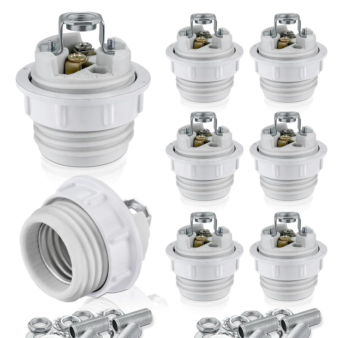 Threaded Socket with Metal Lamp Shade Ring, UL Listed Medium Base E26 Light Bulb Socket, Standard Screw-in Bulb Lamp Holder for Halogen LED Bulb (8)
