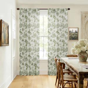 Sage Green Floral Linen Curtains 90 Inches Long for Living Room Bedroom Toile de Jouy Printed Farmhouse Patterned Country Semi Sheer Curtains Back Tab Light Filtering Pattern 90 Inch Window Drapes