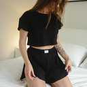 Cotton Blend Split Leg Pjs for Women 2 Piece Soft Pajama Set for Women Black Lounge Set Top and Shorts Matching Set (Black, S)