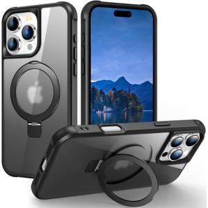 Compatible with iPhone 16 Pro Max Case Built-in Invisible Stand Compatible with Mag-Safe, [Military Grade Drop Tested] Protective Matte Translucent Slim Phone Cases Black